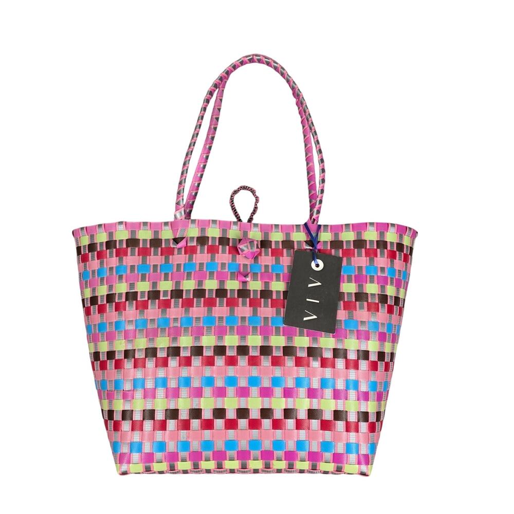 VIVO MULTICOLOR WOVEN RECYCLED PLASTIC LIGHT STURDY TOTE BAG – CHECK PATTERN